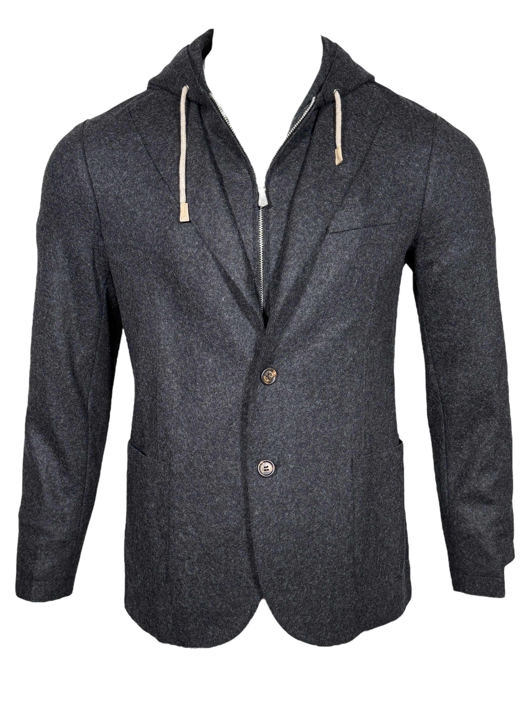 ELEVENTY MEN'S WOOL FLANNEL JACKET WITH REMOVABLE HOOD - DARK CHARCOAL