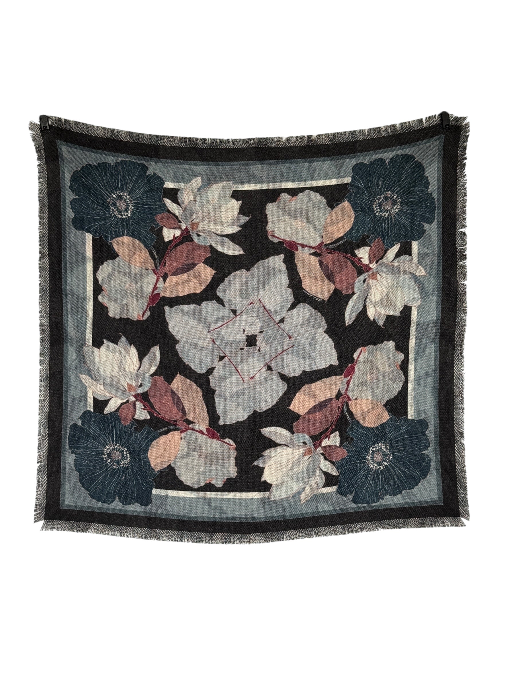 FRANCO FERRARI DOUBLE-SIDED WOOL SCARF - GREY FLORAL
