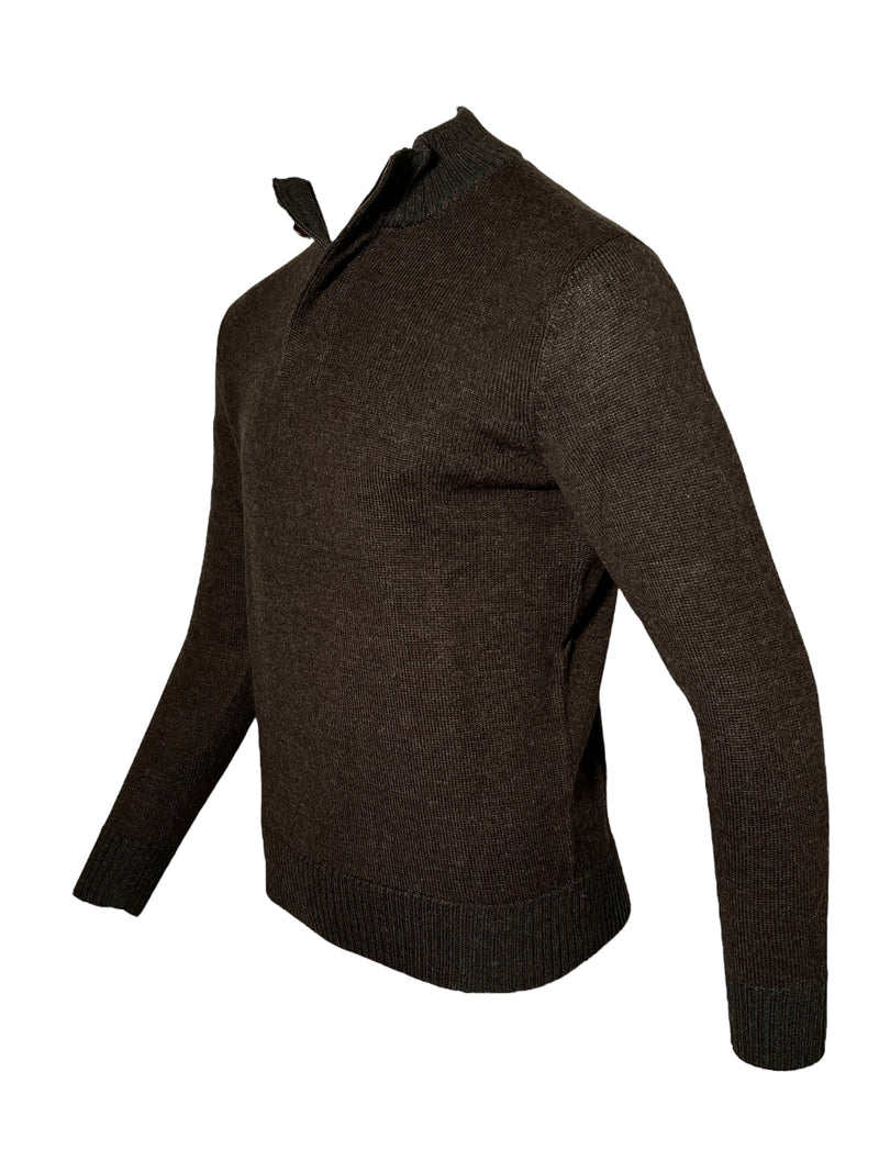 PERU UNLIMITED 1/4 ZIP SWEATER WITH LEATHER TRIM - CHOCOLATE/HUNTER