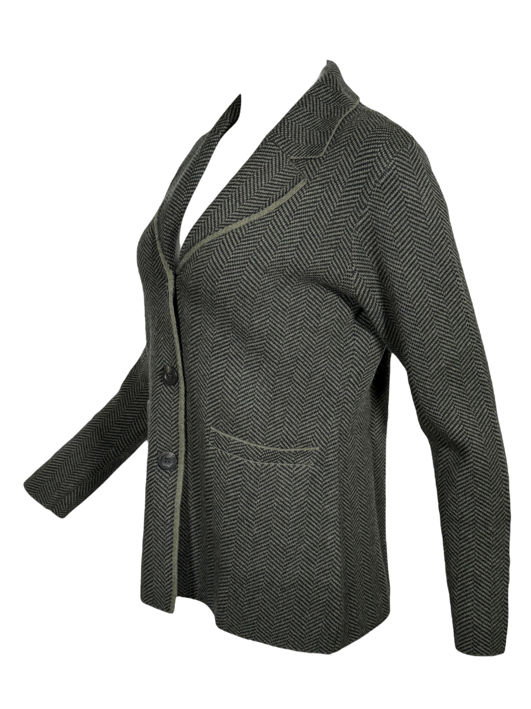 KINROSS HERRINGBONE NOTCH COLLAR CARDIGAN - LODEN/BLACK