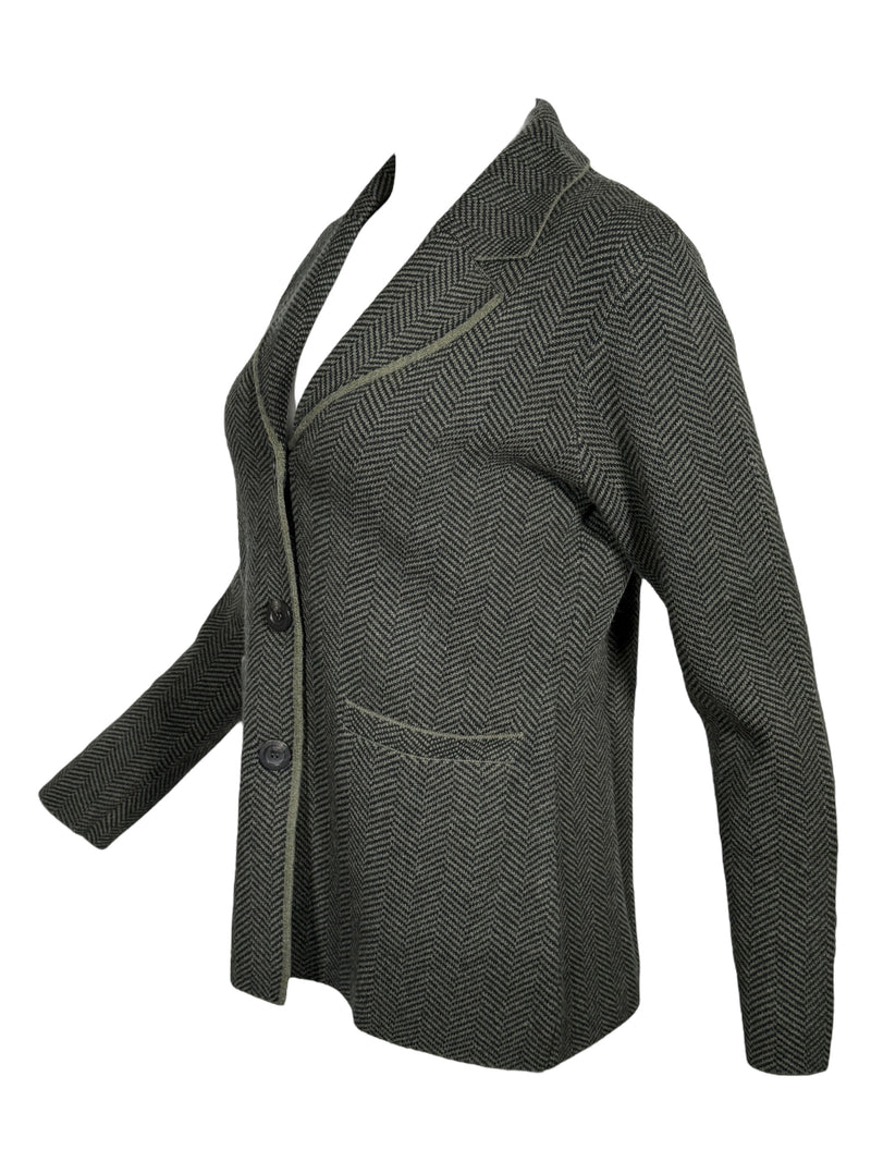 KINROSS HERRINGBONE NOTCH COLLAR CARDIGAN - LODEN/BLACK
