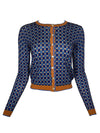 IN BED WITH YOU WOOL CARDIGAN - BLUE GEOMETRIC WITH BROWN TRIM