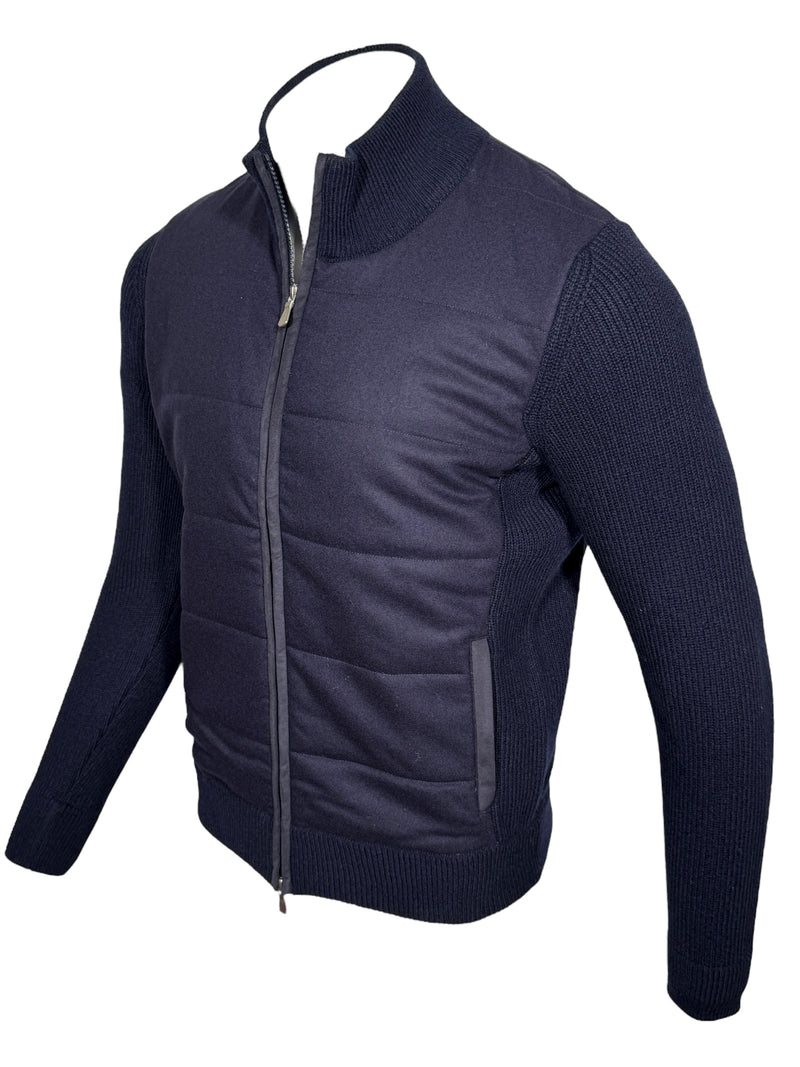 BUTTON DOWN FLANNEL JACKET WITH KNIT SLEEVES - NAVY