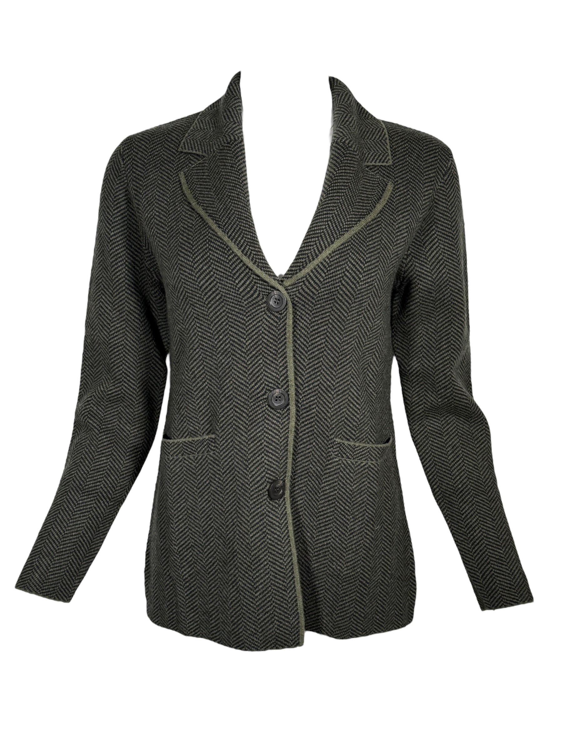 KINROSS HERRINGBONE NOTCH COLLAR CARDIGAN - LODEN/BLACK