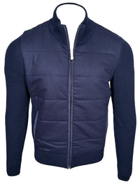 BUTTON DOWN FLANNEL JACKET WITH KNIT SLEEVES - NAVY