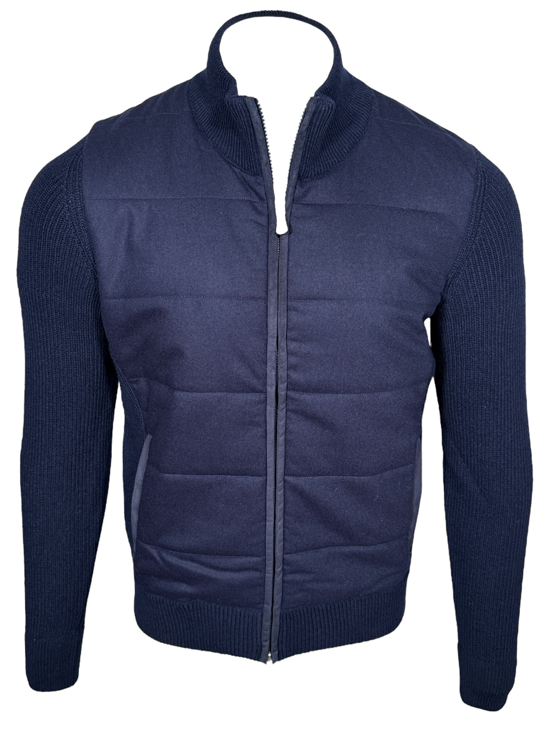 BUTTON DOWN FLANNEL JACKET WITH KNIT SLEEVES - NAVY