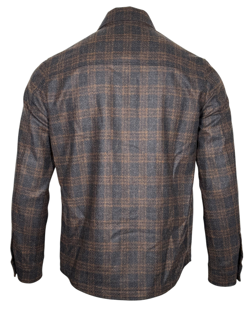 MAURIZIO BALDASSARI CLASSIC WOOL OVERSHIRT JACKET - DARK GREY/ORANGE PLAID
