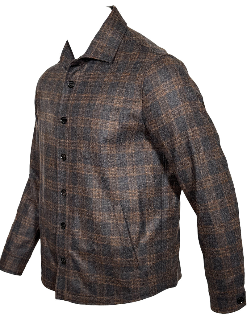 MAURIZIO BALDASSARI CLASSIC WOOL OVERSHIRT JACKET - DARK GREY/ORANGE PLAID