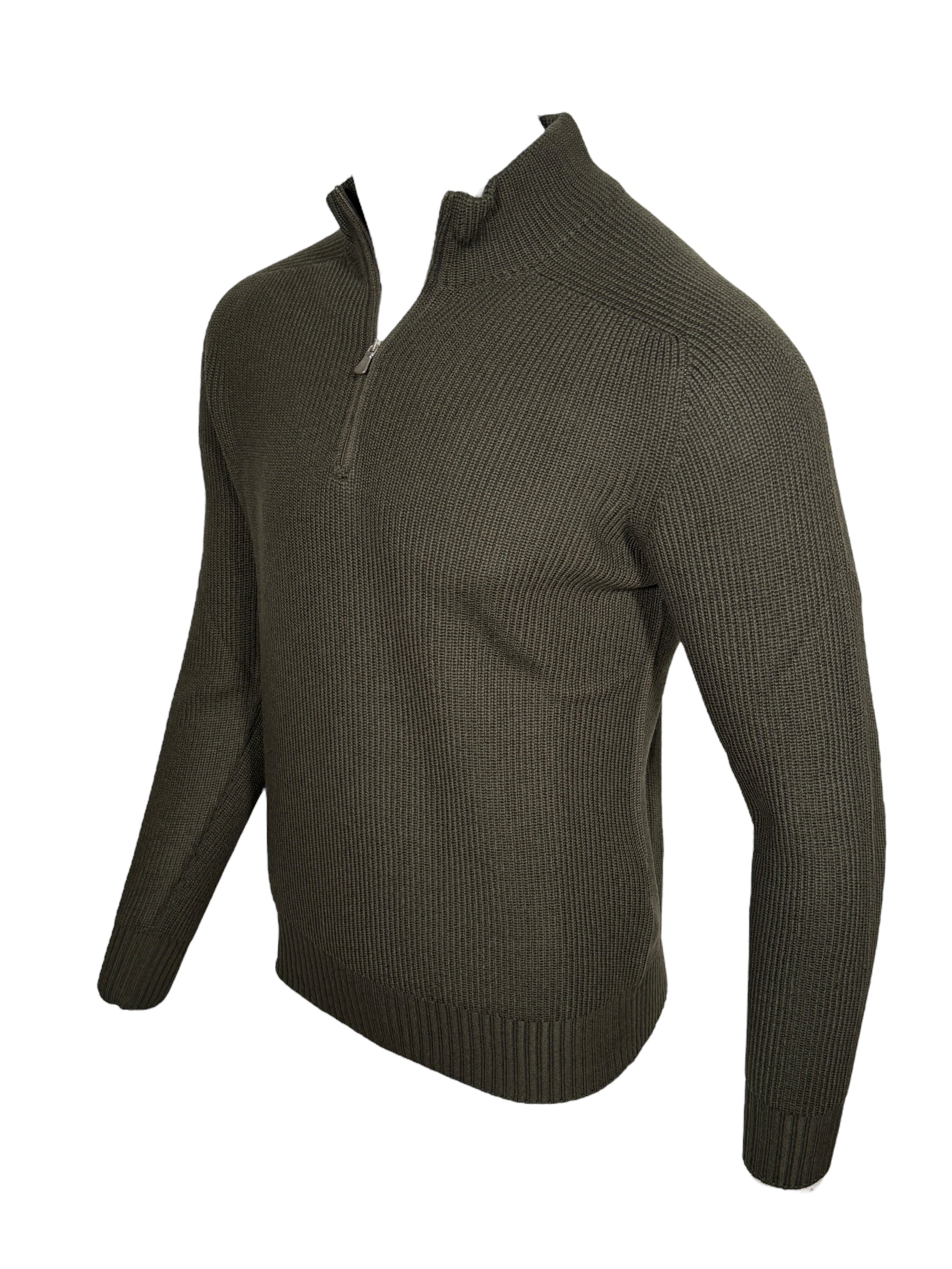 BUTTON DOWN RAINWOOL 1/4 ZIP SWEATER - LODEN