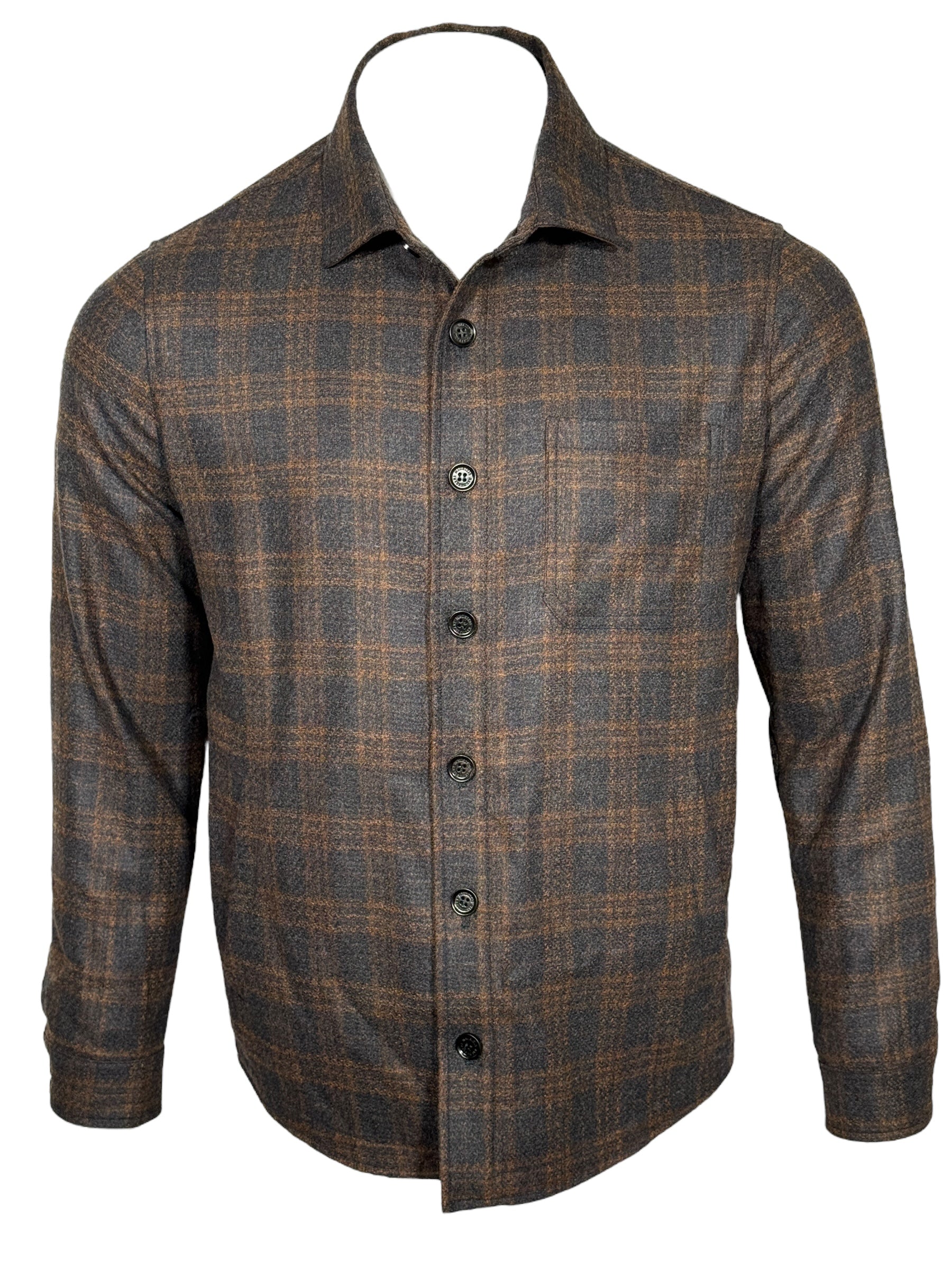 MAURIZIO BALDASSARI CLASSIC WOOL OVERSHIRT JACKET - DARK GREY/ORANGE PLAID