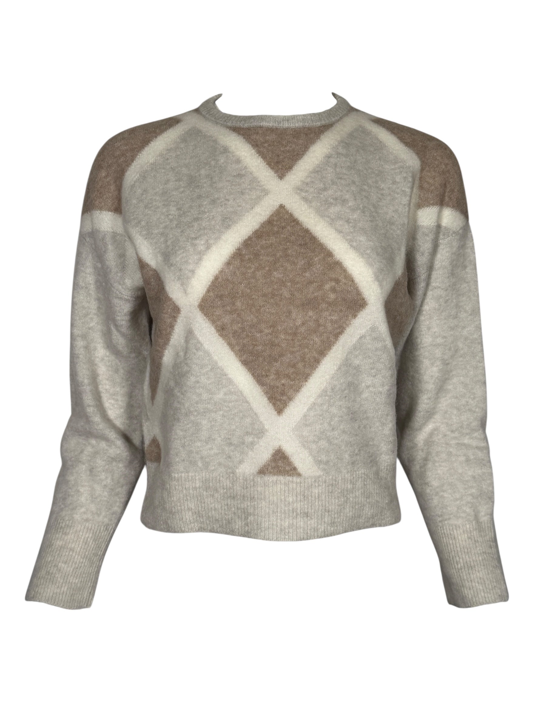 ANNECLAIRE DIAMOND INTARSIA CREW SWEATER - TAN & GREY