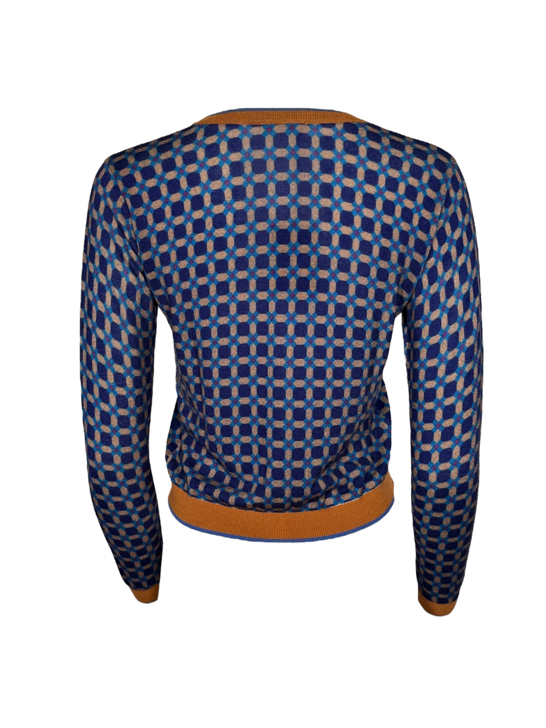 IN BED WITH YOU WOOL CARDIGAN - BLUE GEOMETRIC WITH BROWN TRIM