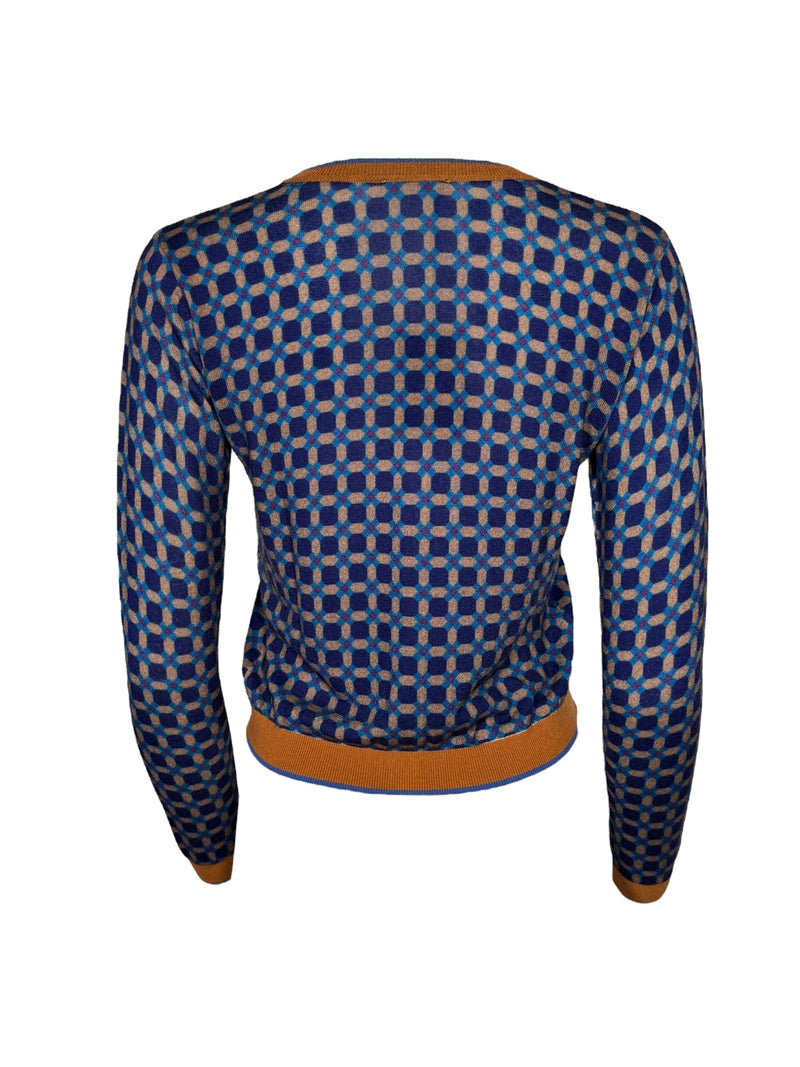 IN BED WITH YOU WOOL CARDIGAN - BLUE GEOMETRIC WITH BROWN TRIM