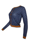 IN BED WITH YOU WOOL CARDIGAN - BLUE GEOMETRIC WITH BROWN TRIM