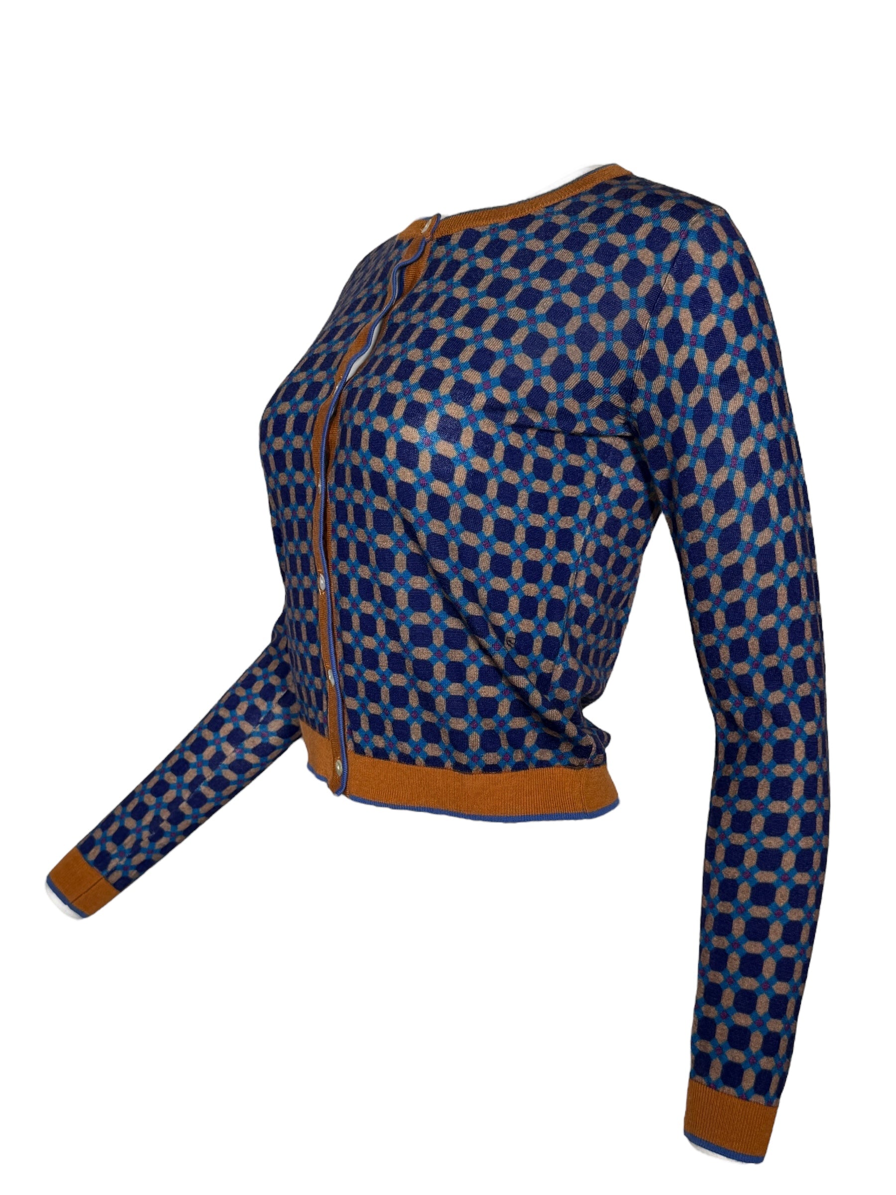 IN BED WITH YOU WOOL CARDIGAN - BLUE GEOMETRIC WITH BROWN TRIM