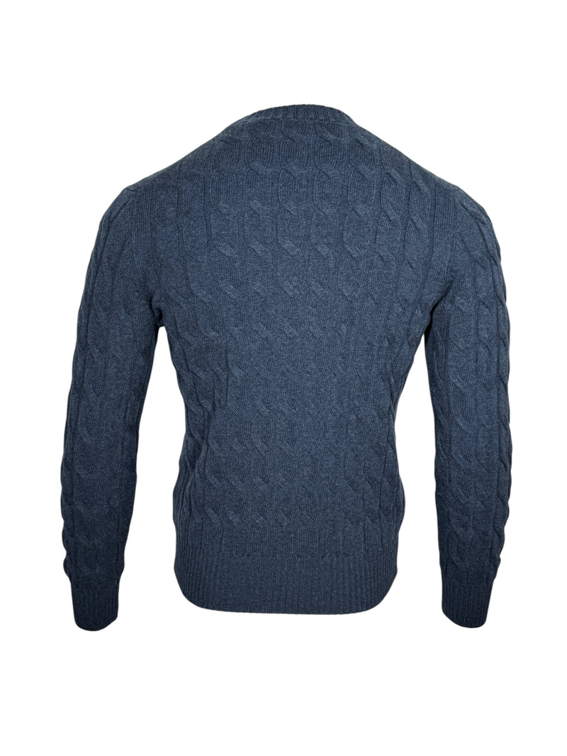 BUTTON DOWN CABLE CREW SWEATER - DENIM