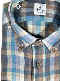 GIANGI NAPOLI MEN'S LINEN SHIRT - BLUE & TAN CHECK