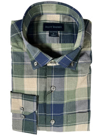 SCOTT BARBER LIGHTWEIGHT TWILL FALL PLAID MEN’S SHIRT - NAVY/OLIVE