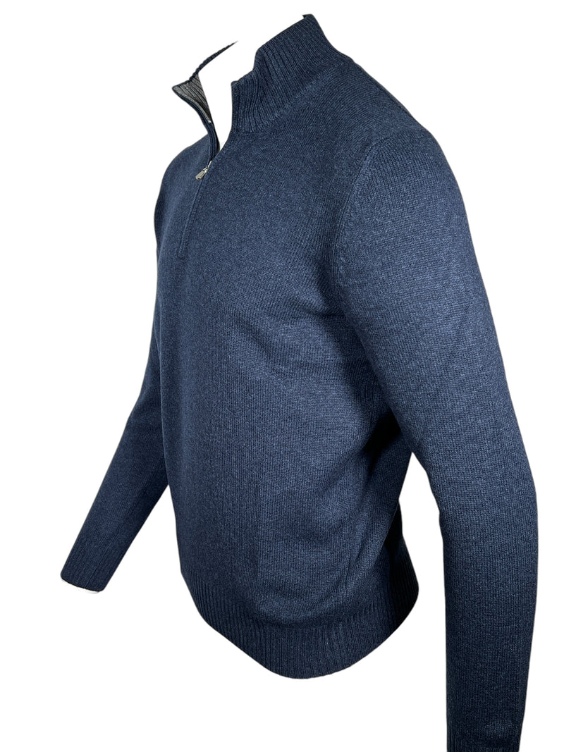 BUTTON DOWN WOOL/CASHMERE 1/4 ZIP SWEATER - DARK BLUE