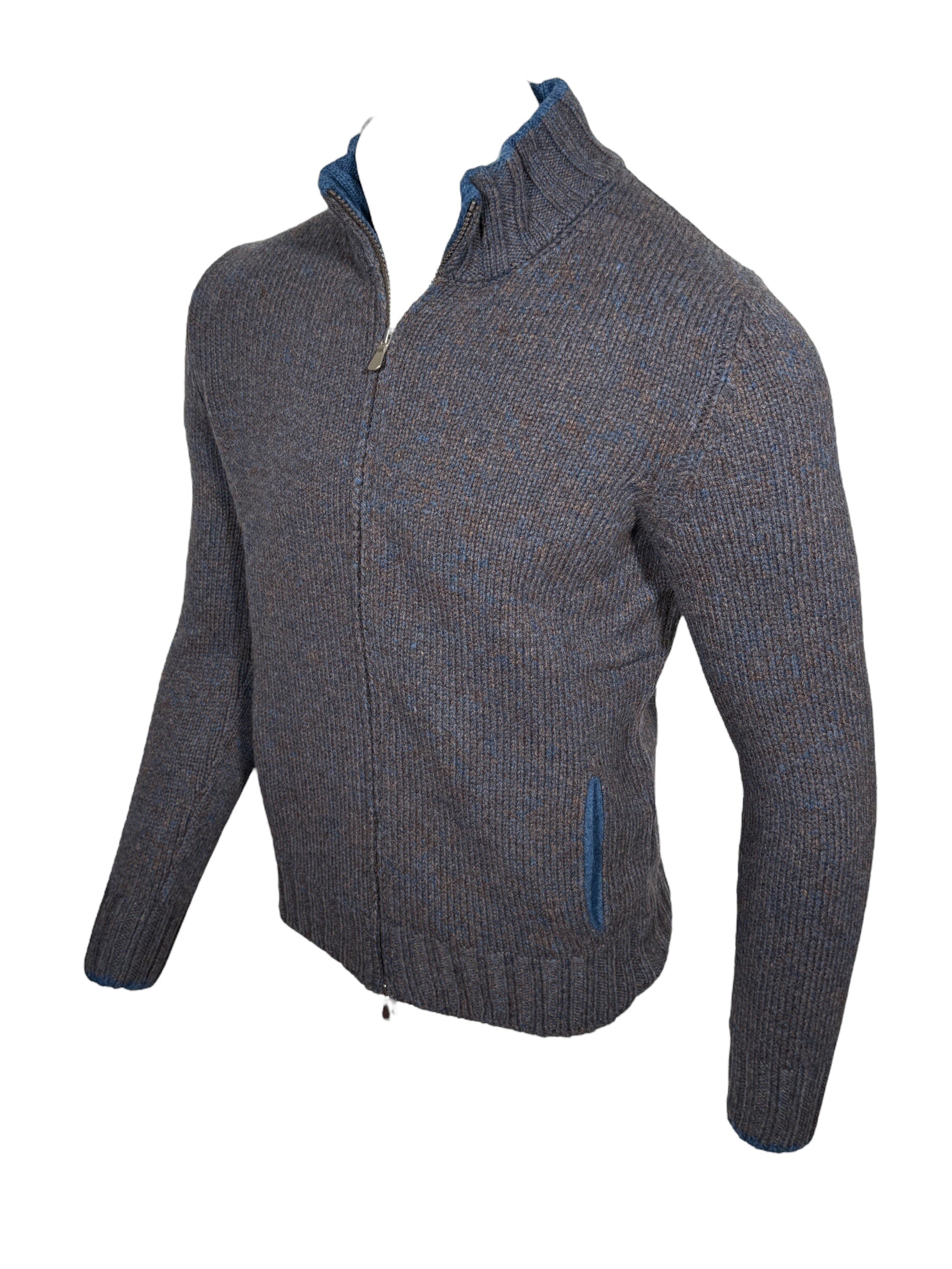 BUTTON DOWN MARL FULL ZIP SWEATER - BROWN/BLUE