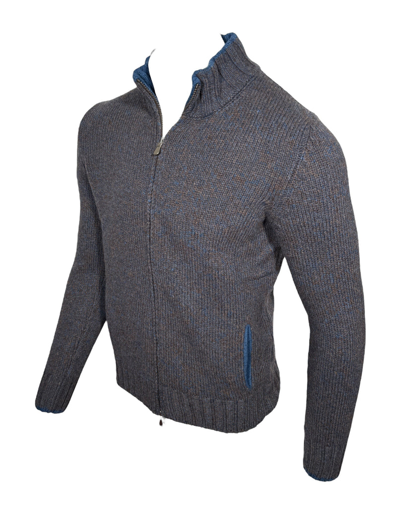 BUTTON DOWN MARL FULL ZIP SWEATER - BROWN/BLUE