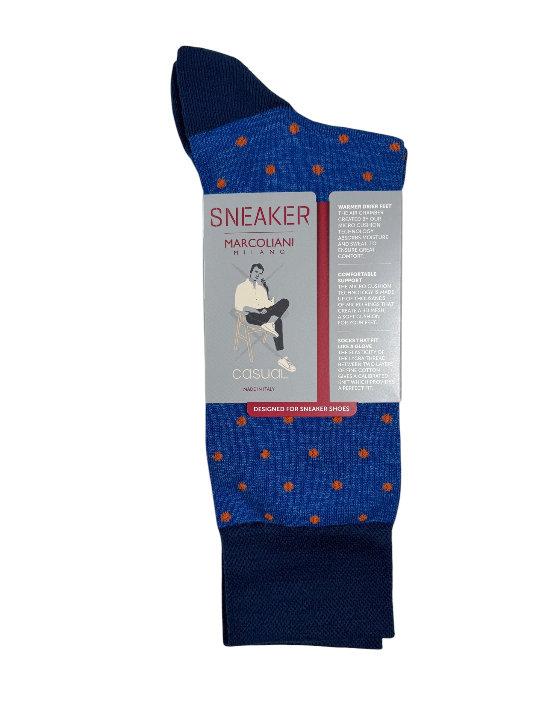 MARCOLIANI PIMA COTTON POLKA DOT SNEAKER SOCK - BLUE/ORANGE
