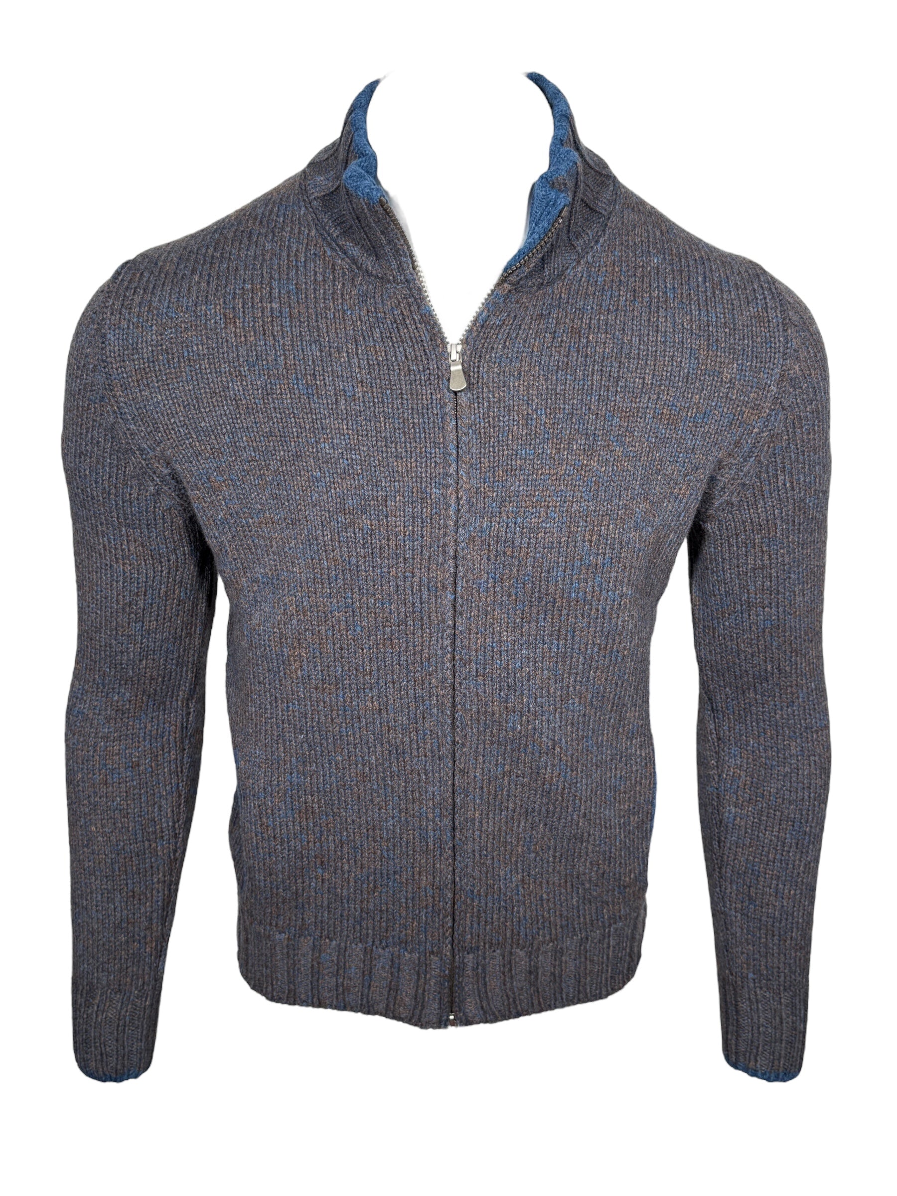 BUTTON DOWN MARL FULL ZIP SWEATER - BROWN/BLUE