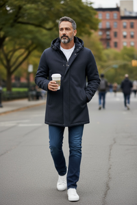 FRADI LORO PIANA STORM SYSTEM CITY COAT WITH REMOVABLE HOOD - NAVY