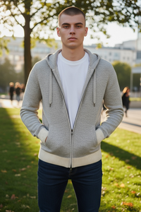 FRADI HONEYCOMB STITCH FULL ZIP HOODED SWEATER - MILK/GREY