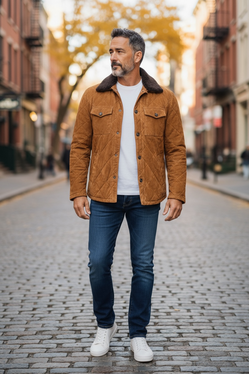 ZEROSETTANTA STUDIO MEN'S STITCHED SUEDE JACKET - BROWN