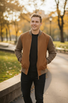 ZEROSETTANTA STUDIO MEN'S SUEDE BOMBER JACKET WITH KNIT SLEEVES - BROWN