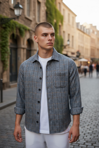 MAURIZIO BALDASSARI CLASSIC WOOL OVERSHIRT JACKET - BLUE NAVY PLAID