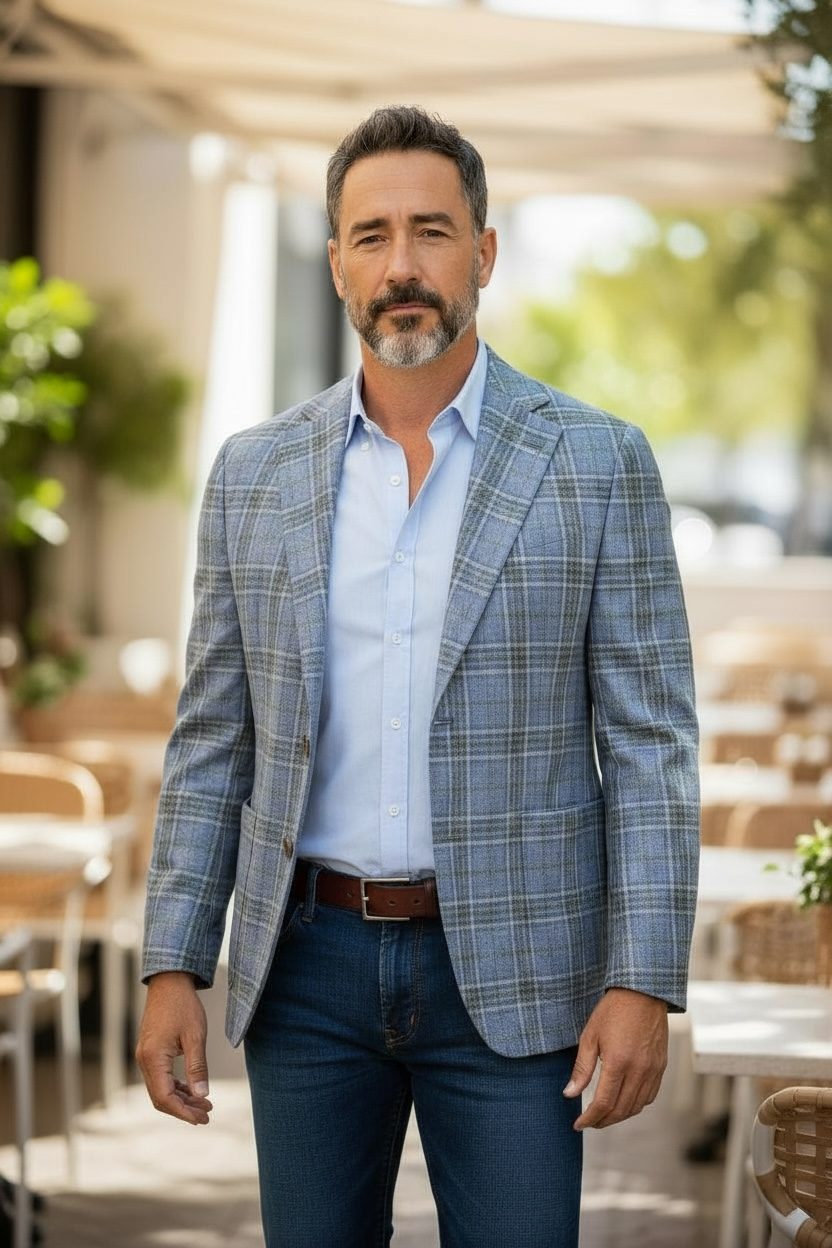 OARS & OLD IVY WOOL/CASHMERE SPORT COAT - LIGHT BLUE/BROWN CHECK