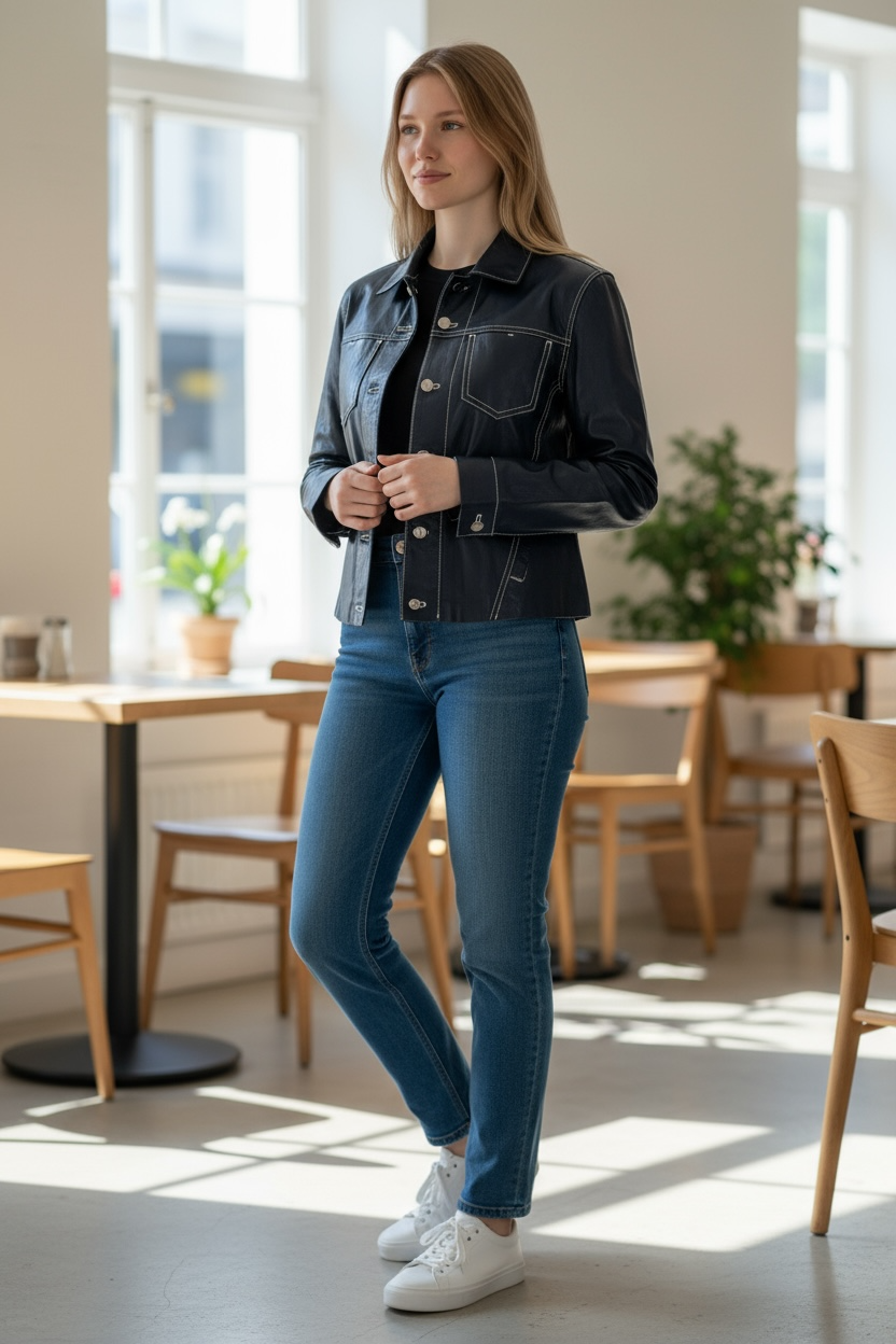 BLU ICE WOMEN'S LEATHER JACKET - NAVY