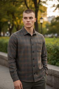 MAURIZIO BALDASSARI CLASSIC WOOL OVERSHIRT JACKET - DARK GREY/ORANGE PLAID