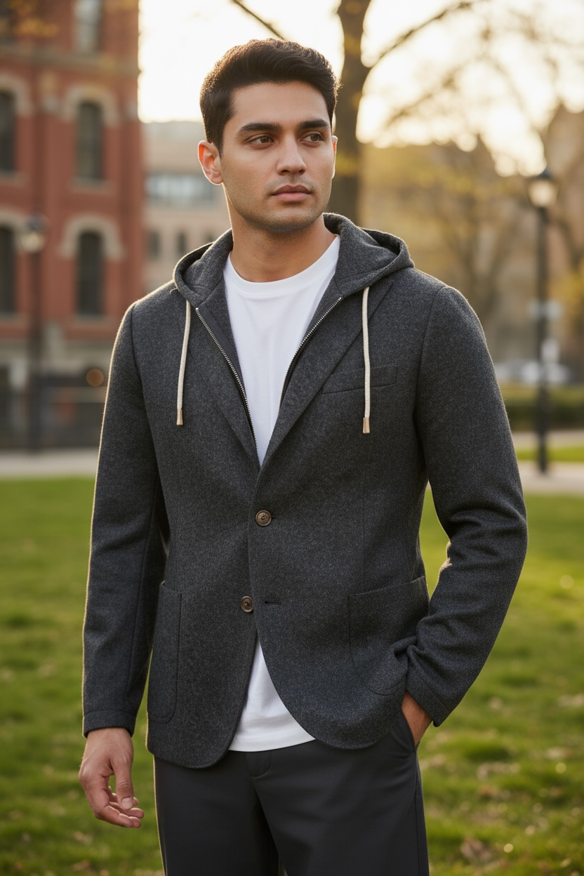 ELEVENTY MEN'S WOOL FLANNEL JACKET WITH REMOVABLE HOOD - DARK CHARCOAL