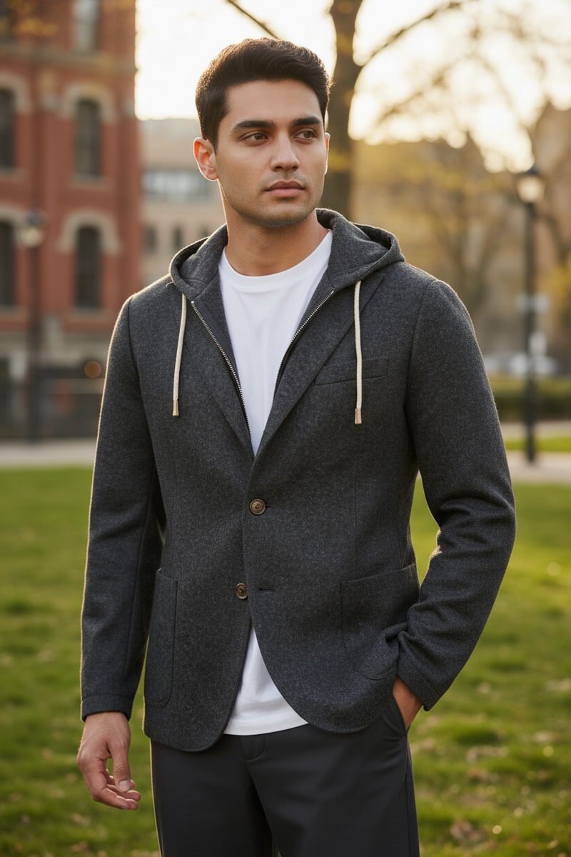 ELEVENTY MEN'S WOOL FLANNEL JACKET WITH REMOVABLE HOOD - DARK CHARCOAL