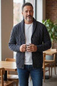 SETTEFILI CASHMERE - MEN'S CABLE SHAWL CARDIGAN - NAVY & OLIVE MIX