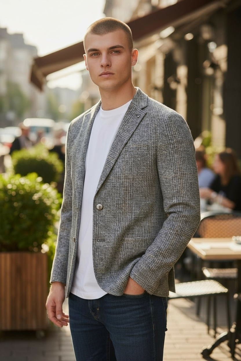 L.B.M. 1911 TAILORED COTTON/WOOL WINDOWPANE SPORT COAT - GREY WITH TAN