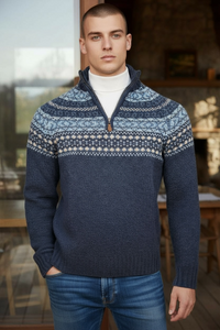 ALAN PAINE HOLMSTON 1/4 ZIP FAIRISLE SWEATER - VINTAGE HEATHER