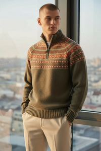 ALAN PAINE HOLMSTON 1/4 ZIP FAIRISLE SWEATER - MOORLAND