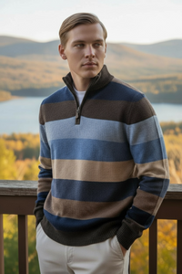 ALAN PAINE LYNDHURST 1/4 ZIP STRIPE SWEATER - COCOA/BLUE MIX