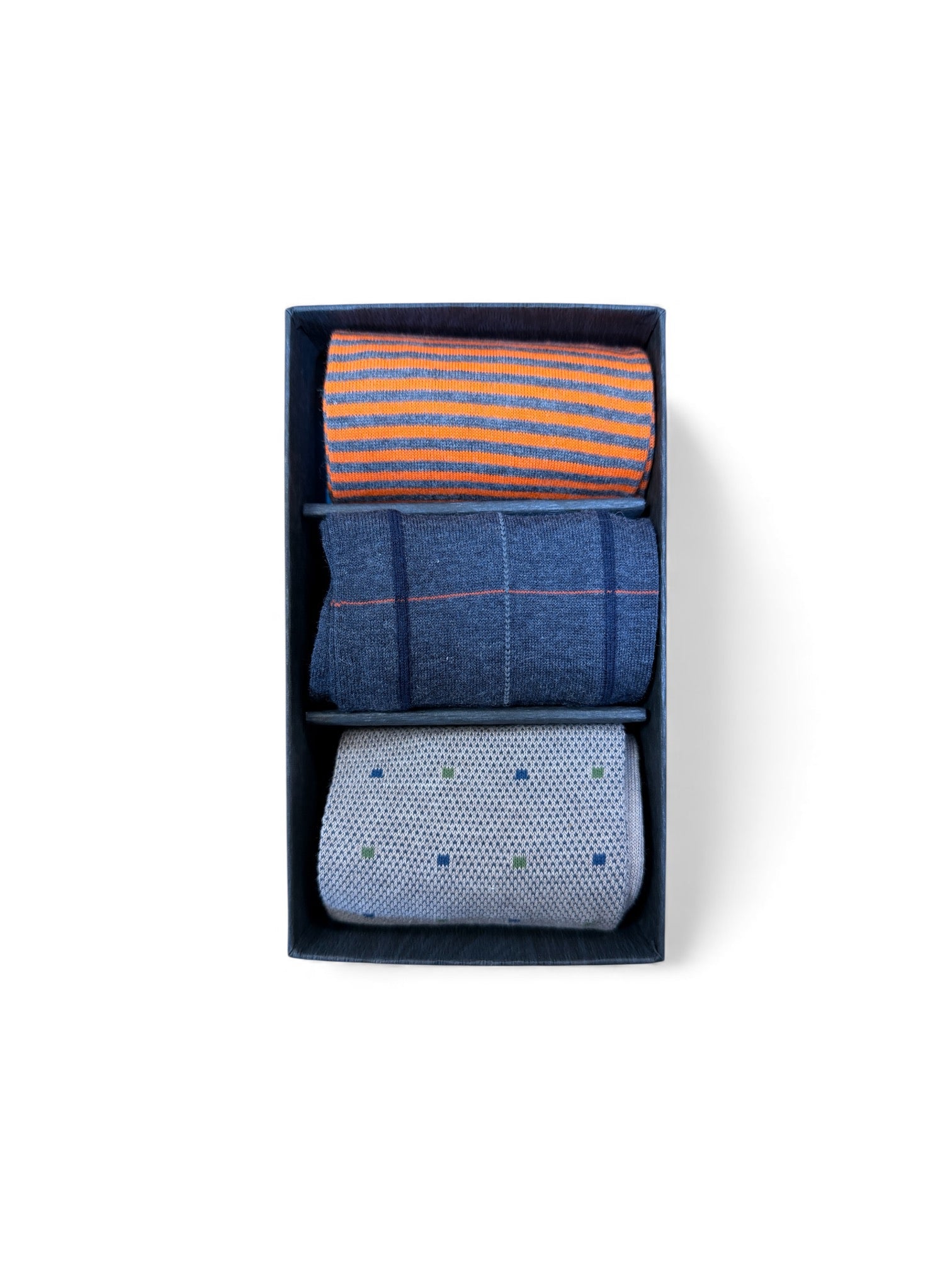 MARCOLIANI CALF SOCK GIFT BOX OF 3 - ORANGE/BLUE MIX