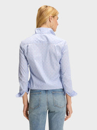 Button Down SF light blue cotton blend shirt with red and blue Swiss dots, flared collar, and chamfer cuffs.