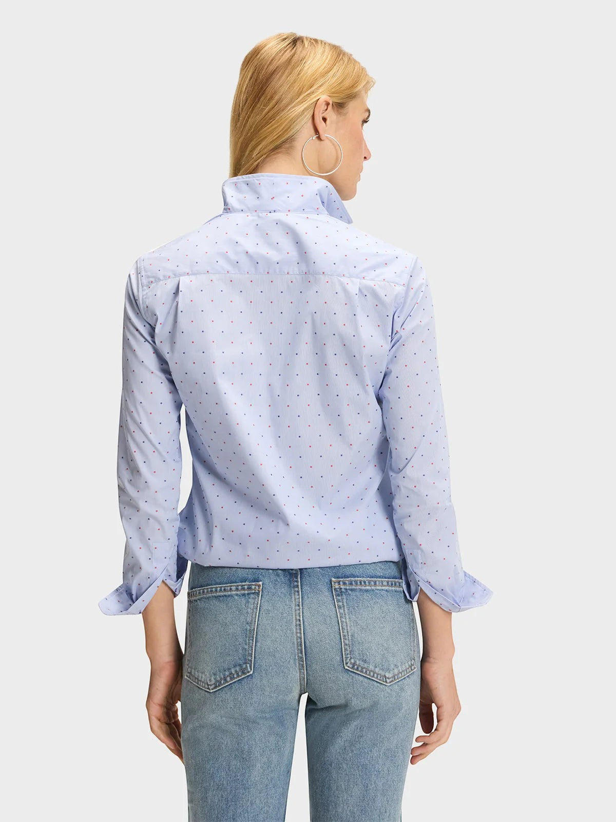 Button Down SF light blue cotton blend shirt with red and blue Swiss dots, flared collar, and chamfer cuffs.