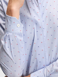 Button Down SF light blue cotton blend shirt with red and blue Swiss dots, flared collar, and chamfer cuffs.