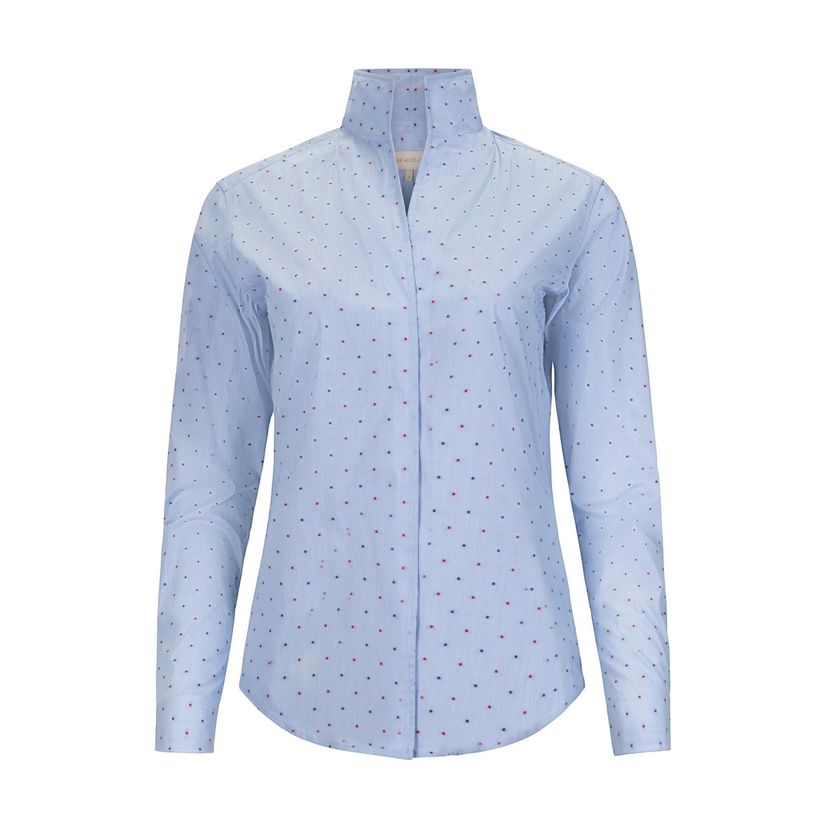 Button Down SF light blue cotton blend shirt with red and blue Swiss dots, flared collar, and concealed front placket.