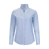 Button Down SF light blue cotton blend shirt with red and blue Swiss dots, flared collar, and concealed front placket.