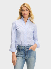 Button Down SF light blue cotton blend shirt with red and blue Swiss dots, flared collar, and chamfer cuffs.