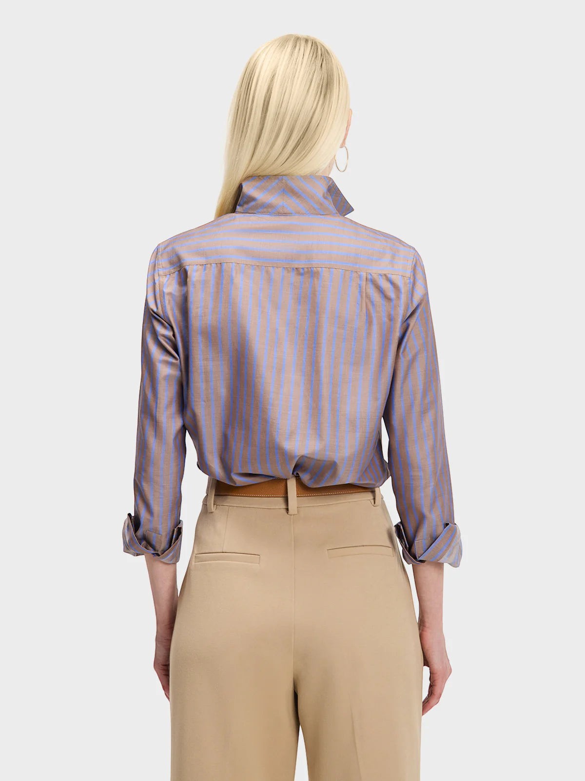 Button Down SF brown and blue striped 100% cotton Signature Shirt with flared collar and chamfer cuffs.